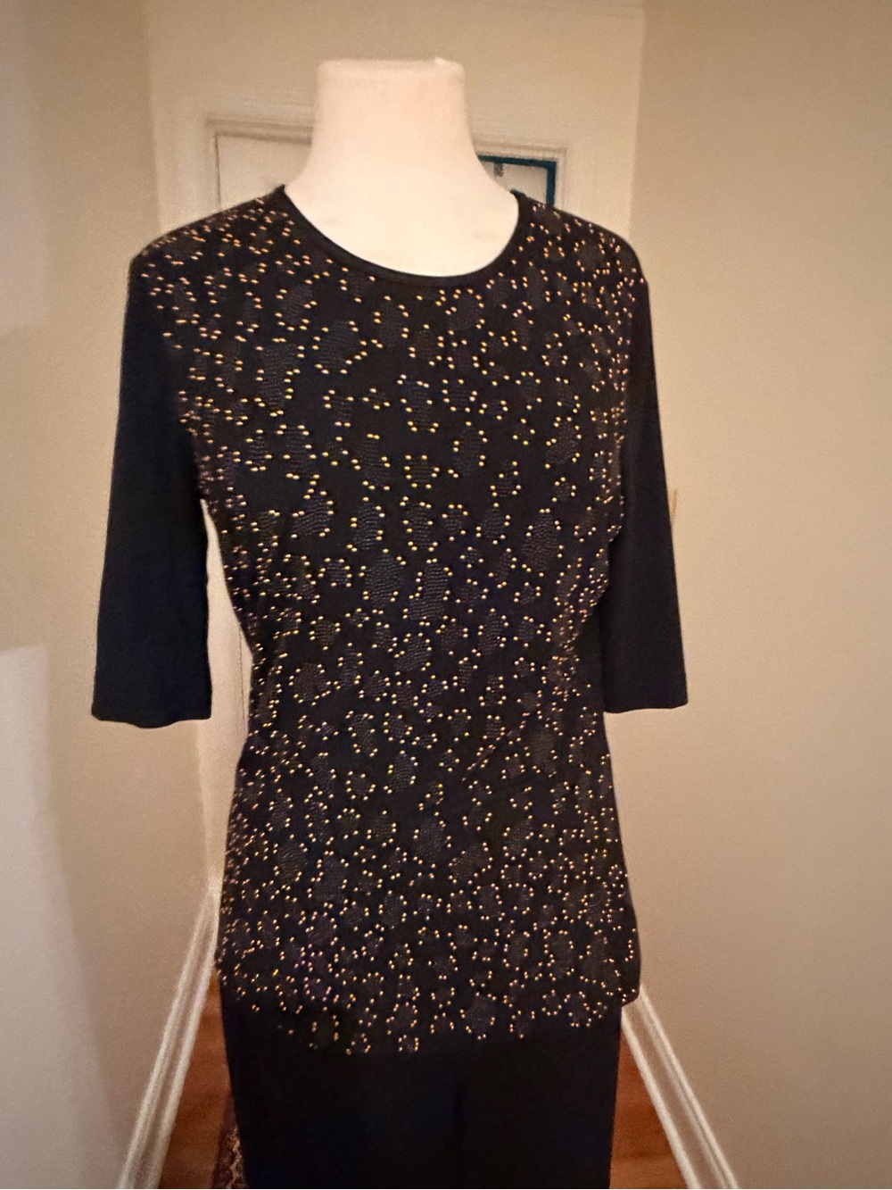 St. John Black Short Sleeve Top with Gold Bead Detail